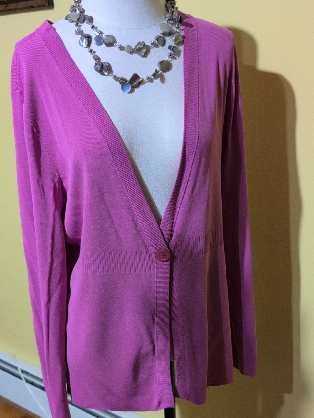 New York & Company Magenta Deep V Single-Button Cardigan